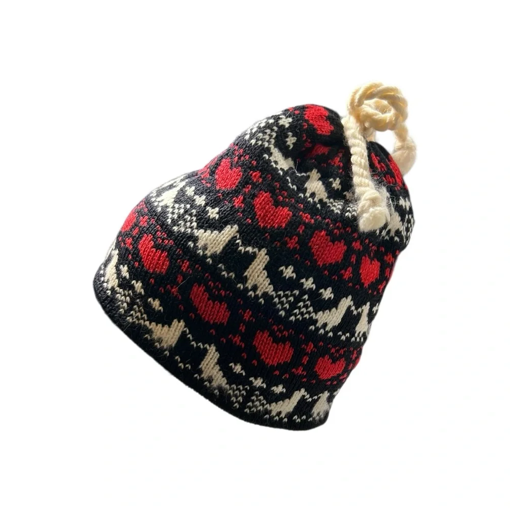 Vintage Fair Isle Wool Beanie Nordic Scandi Ski Hat Red Black Heart Pattern OS